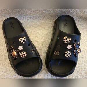 Brand New Black Slides with Decorative Charms